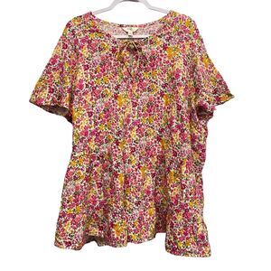 Terra & Sky Womens Plus Size 4X Pink/Yellow Floral Tie Peasant Top Short Sleeve